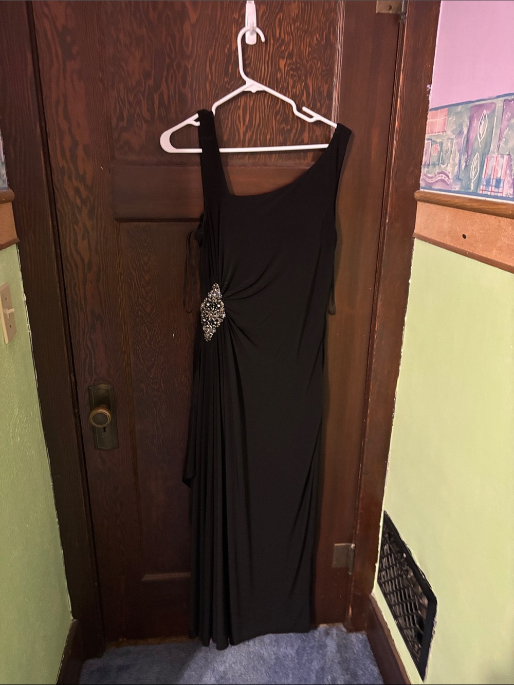 Black Maxi Evening Gown with Rhinestone Side Accent
